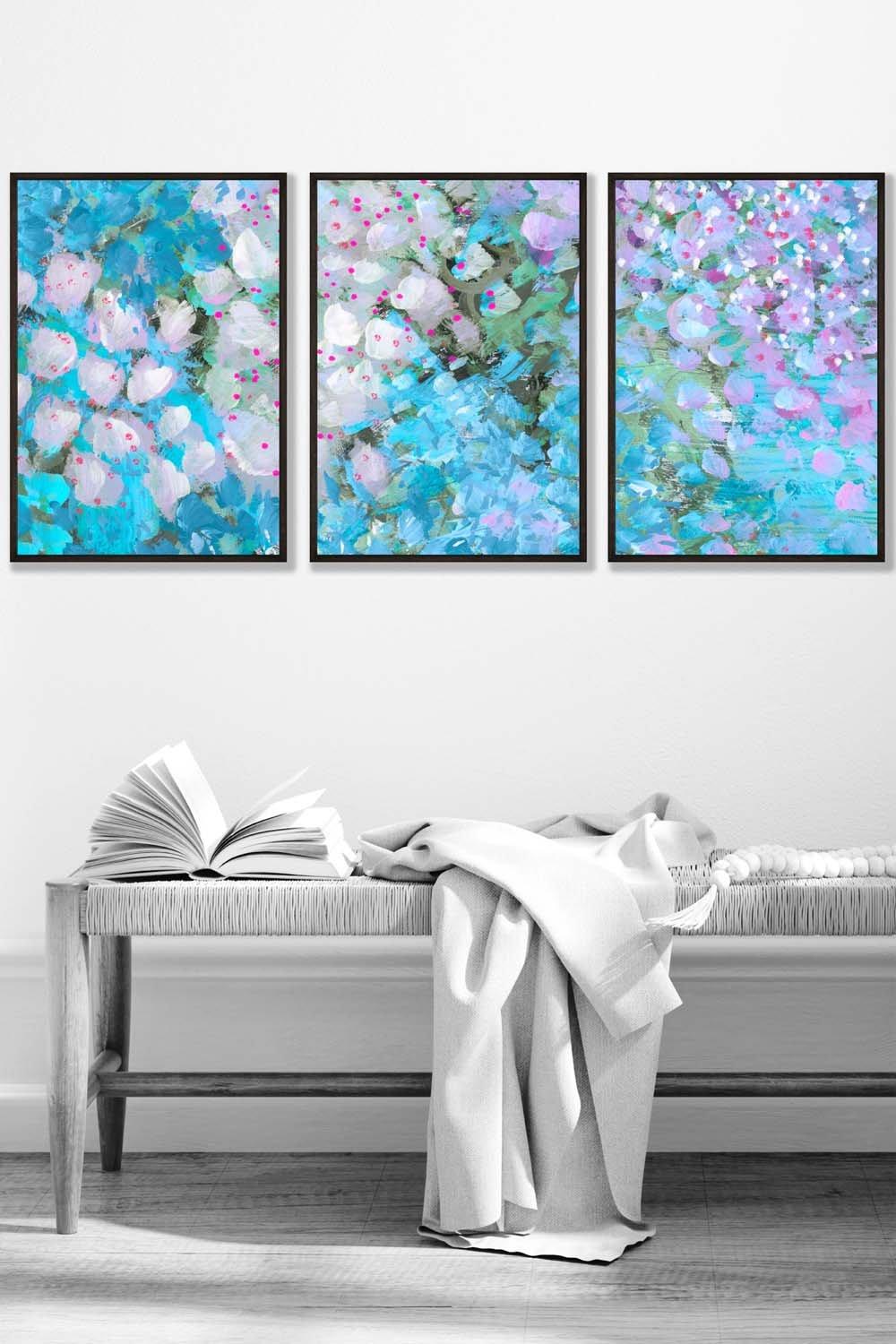 Set of 3 Black Framed Abstract Cottage Garden Flowers in Blue Wall Art